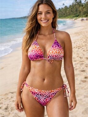 OP Like New Y2K Pink Orange Purple Peace Sign String Bikini 👙